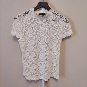 NOWT Ambiance Lace Top L White Sheer Cap Sleeve Scallop Coquette Mock Neck